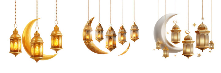 Set of Golden crescent moon paired with vintage brass three lantern glowing warmly on transparent png background. Ai generated
