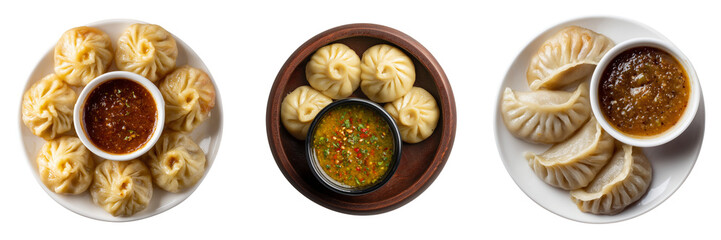Set of Glossy Momos placed symmetrically on a white plate with colorful chutney on transparent png background. Ai generated