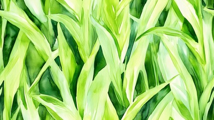 Seamless pattern displays vibrant overlapping tropical foliage rendered in a bright watercolor style