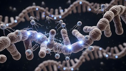 Microscopic view of dna strands and chromosomes in a dark background