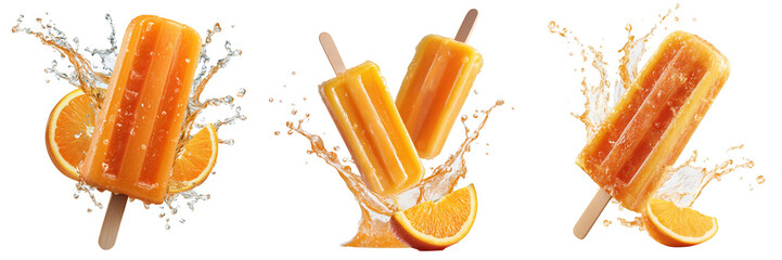 Set of Melting orange popsicle with droplets forming beside a perfectly cut orange slice on transparent png background. Ai generated