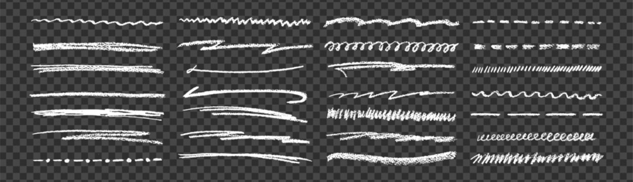Hand drawn white underline line bundle on transparent like png bg showing chalk, pencil, watercolor brush and crayon stroke doodle effect with textured color marks for blackboard style kit design.