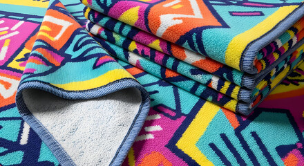 Colorful beach towels with geometric pattern stacked on top of each other
