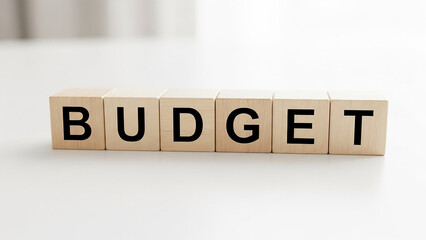Budget spelled out in wooden blocks with black letters on a white surface and blurred background