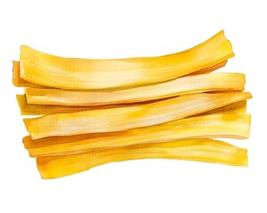 Stack of elongated golden food items illustrated with watercolor technique