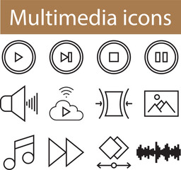 Multimedia line art icon set vector  design. linear vector art of play, pause, stop, pause button, sound, music  sign, motion graphics, time line  etc