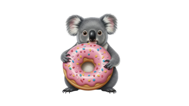 Cute koala bear holding a donut isolated PNG with Transparent Background - Powered by Adobe