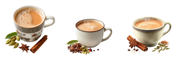 Set of Steaming masala milk tea in a glass cup with scattered spice ingredients such as cinnamon and cardamom on transparent png background. Ai generated