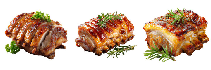 Set of Tender pork belly slices with aromatic herbs on transparent png background. Ai generated
