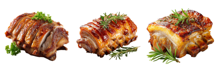 Set of Tender pork belly slices with aromatic herbs on transparent png background. Ai generated