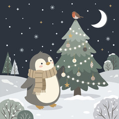 Cute penguin decorating Christmas Tree