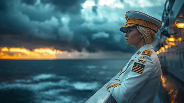 Woman in Naval Officer Uniform Contemplating the Ocean at Sunset on a Cruise Ship, Maritime Profession, Leadership and Adventure