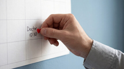 Doctor appointment reminder marked on wall calendar with red heart symbol and hand adjusting paper note in bright home interior