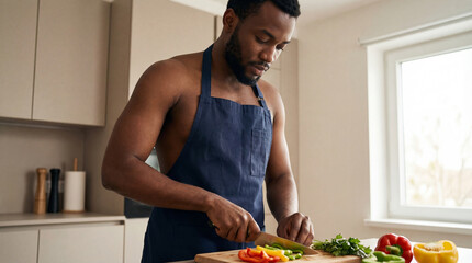 Shirtless man in apron slicing fresh vegetables in modern home kitchen with natural light and healthy cooking ingredients
