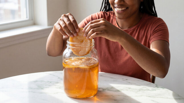 Smiling woman preparing homemade kombucha at a bright kitchen table, placing a scoby into a glass jar filled with fermented tea
