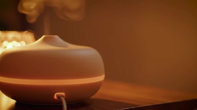Aromatherapy diffuser emitting a soothing mist, creating a tranquil atmosphere with ambient lighting