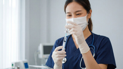Smiling nurse in medical uniform preparing vaccine injection with syringe and vial in clinical setting while wearing protective face mask