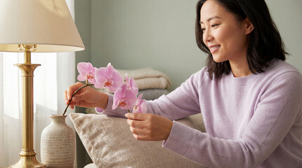 Smiling woman arranging pink orchid flowers in cozy living room with soft natural light and elegant home decor elements