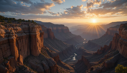 Overlook of grand canyon at sunset with river and rock formations