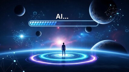Artificial Intelligence Concept with Man and Planets AI Loading Bar Representing Machine Learning and Futuristic Technology in a Digital World Exploring the Cosmos