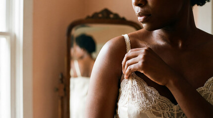 thoughtful woman in lace camisole standing by window with soft natural light and vintage mirror reflection in serene bedroom
