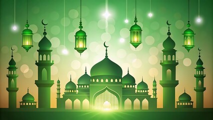 Green mosque and lanterns illuminated for ramadan celebration