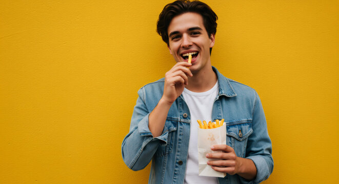 Young caucasian man eating french fries, holding paper bag. Happy person enjoying street takeaway fast food meal. Advertising banner with copy space.