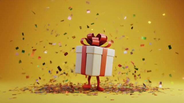 Charming 3D animated gift box with legs celebrates with a shower of colorful confetti
