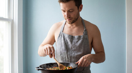 Young man in a minimalist kitchen wearing an apron and cooking a healthy vegetable meal in a pan near a bright window