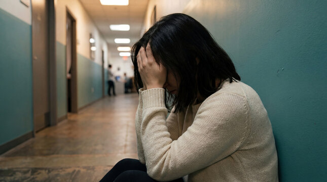 Stressed young woman sitting alone in a dim hallway with hands covering face, feeling overwhelmed and emotionally distressed