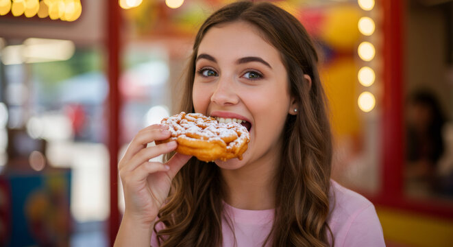 Young caucasian woman eating funnel cake at outdoor fair. Amusement park food concept for summer event.
