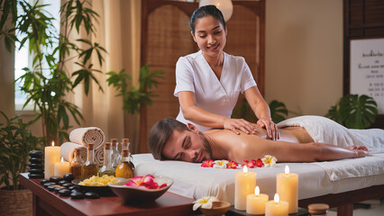 Atmospheric photos of massage therapy with candles, oils, flowers, towels, spa stones, etc.