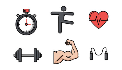 A collection of six line art icons with color fills depicting the essential elements of a physical exercise and fitness regime.