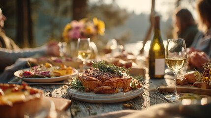 A table set with food and drinks outdoors with people gathered around it in the sun