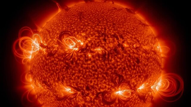 Intense solar flare erupting from the surface of the sun, showcasing dramatic magnetic loops and fiery plasma activity against a dark background
