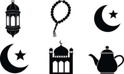 Islamic symbols black silhouettes lantern rosary crescent moon mosque teapot