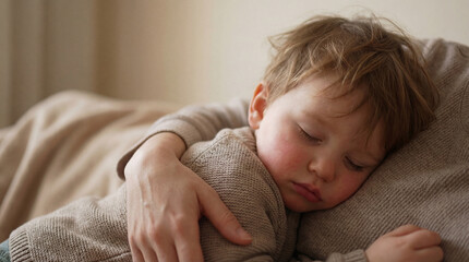 Sleeping toddler resting on parent's shoulder in cozy neutral sweater, peaceful afternoon nap at home with soft natural window light