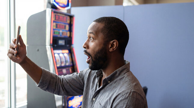 Man reacting with surprise while using smartphone in front of gaming machine inside modern entertainment venue