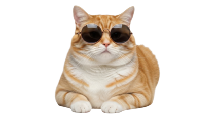 Cool orange tabby cat wearing sunglasses isolated PNG with Transparent Background