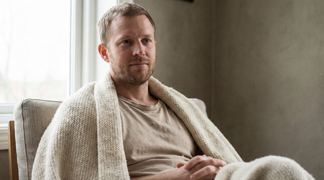 Man relaxing at home wrapped in cozy knitted blanket, sitting on armchair by bright window in peaceful minimalist living room