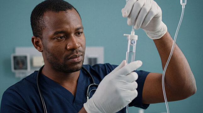 focused male nurse adjusting intravenous drip line in hospital ward while wearing gloves and medical scrubs during patient care