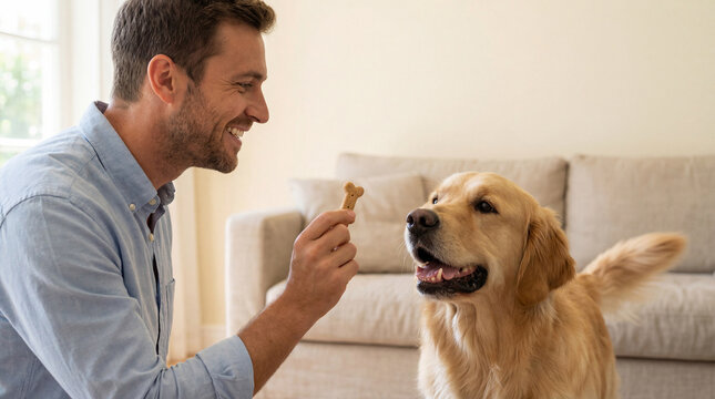 Man playing with golden retriever at home living room, smiling while holding treat biscuit and rewarding happy dog for good behavior