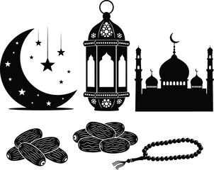 Ramadan kareem black and white silhouette illustration with mosque and lantern