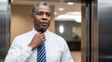 Confident middle aged businessman adjusting striped tie while standing in modern office elevator lobby before important corporate meeting