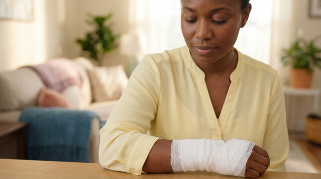 Woman with bandaged wrist resting arm on table in cozy home living room, recovering from minor hand injury and practicing self care