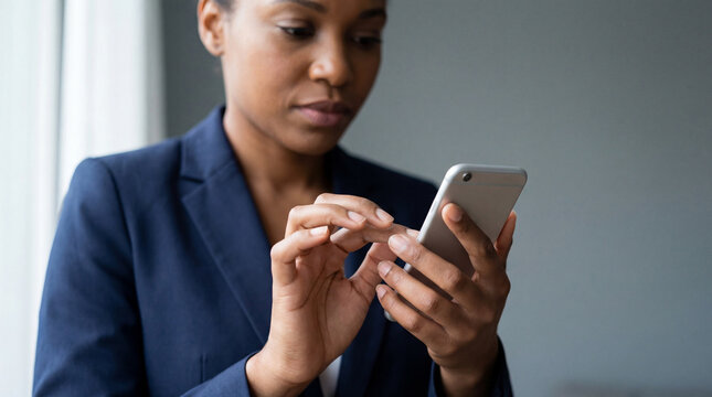 focused businesswoman using smartphone for communication while standing indoors in modern office environment