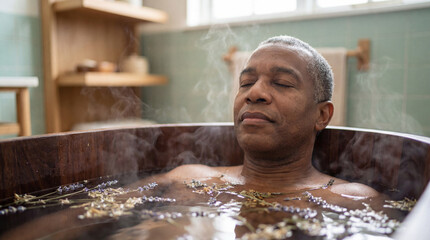Relaxed mature man enjoying soothing herbal bath in wooden tub with steaming water and lavender petals in peaceful bathroom