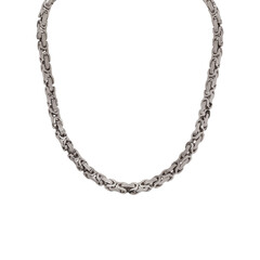.Chain-necklace-circle chain-rope chain-silver chain-silver coil chain-hanging-men's chain-modern-stylish-fashionable-silver-white background.