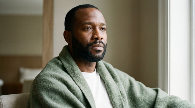 thoughtful middle aged man sitting by bright window in cozy home, wearing green cardigan and white shirt, looking into distance