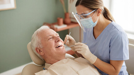 Elderly man receiving routine dental checkup from female hygienist wearing protective face shield, mask and gloves in modern clinic
